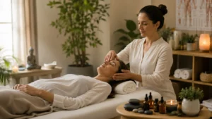 Terapeuta aplicando técnica terapêutica integrativa em paciente deitada em ambiente tranquilo e acolhedor.